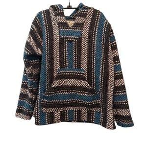 Vintage Baja Joe Mexican Hoodie - Black, White, and Blue Pullover Surfer Ski top